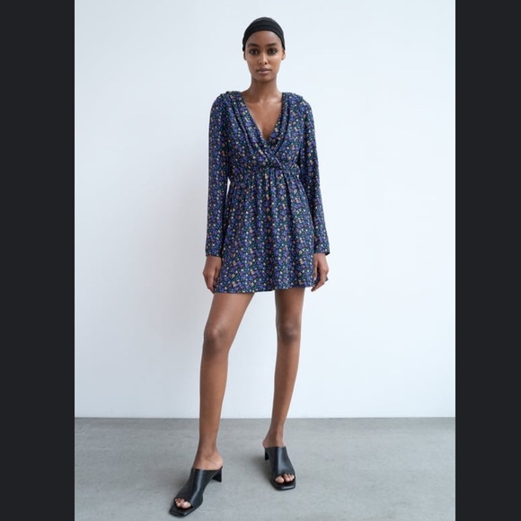 ZARA LONG SLEEVE V-NECK FLORAL DRESS - Picture 1 of 14